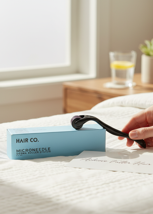 Woman using Hair Co. Scalp Dermaroller with Growth Booster Hair Oil for thicker and healthier hair