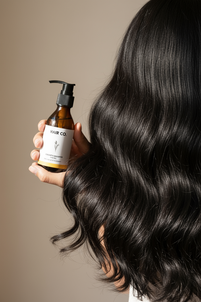 Hair Co. Growth Booster Hair Oil held next to thick shiny black hair – natural oil for hair growth and shine