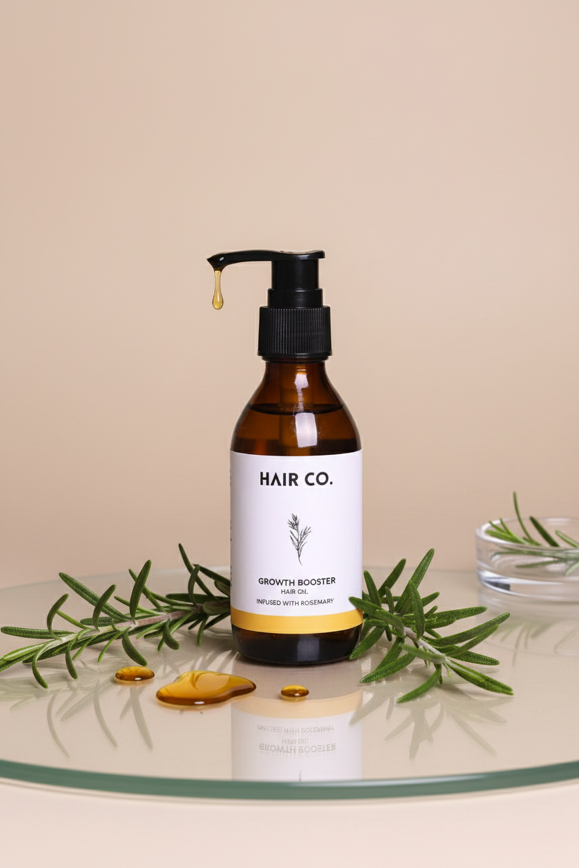 Hair Co. growth booster bottle with rosemary leaves on a beige background